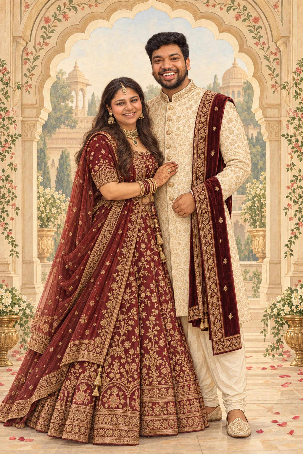 An illustrated portrait of Malvika in a burgundy lehenga and Harshal in an ivory sherwani