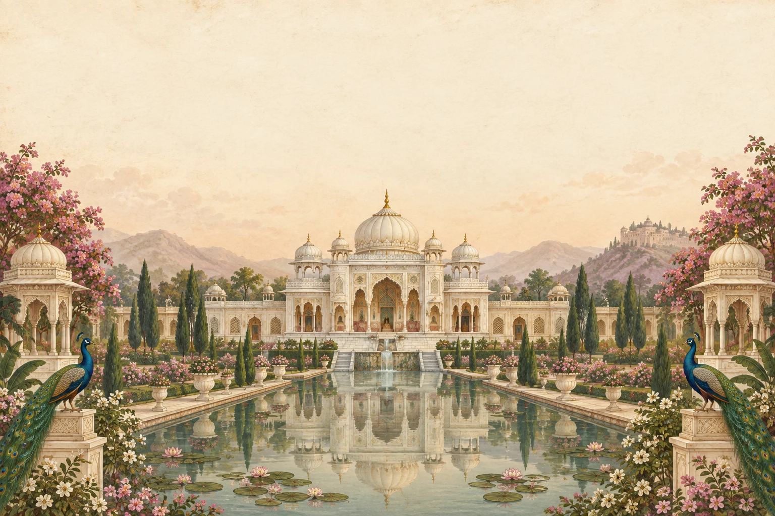 An imagined royal palace garden, painted in ivory and gold, beside a reflecting pool